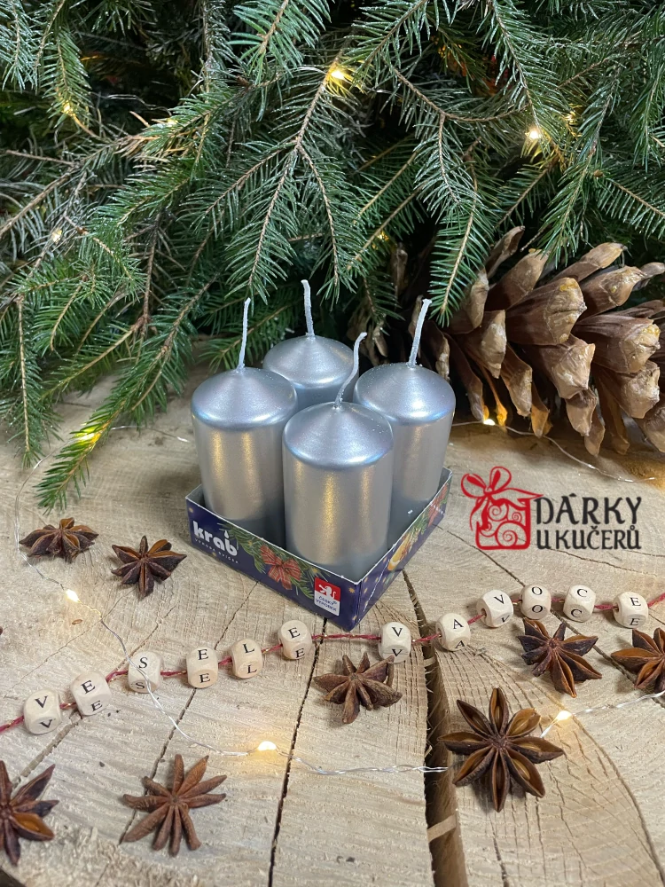 Adventní svíčky STŘÍBRNÉ METALICKÉ-válec 4x8cm